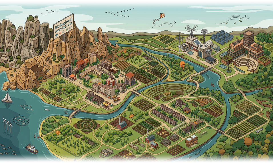 Illustrated bioregional landscape with critical shift markers on the features they relate to
